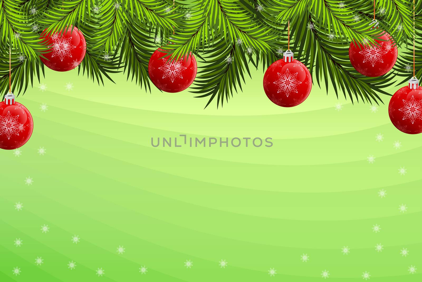 Christmas background with baubles firtree and snowflakes