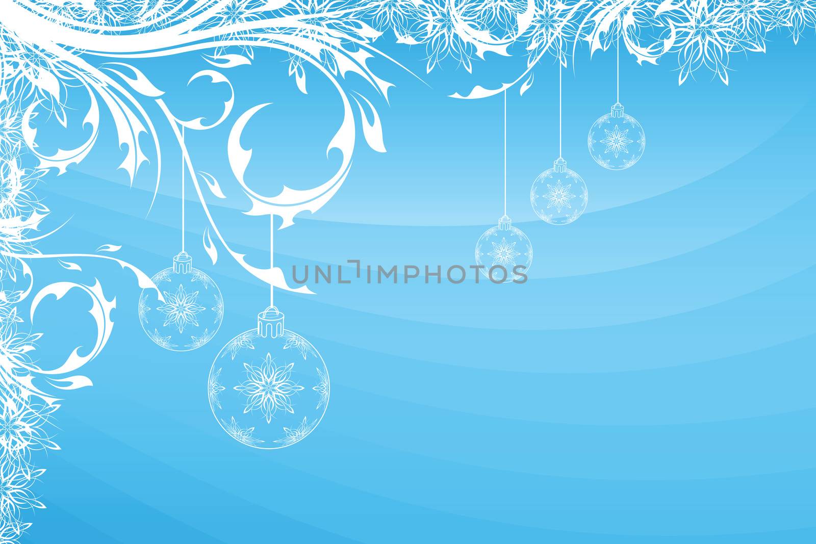 Christmas background with baubles florals and snowflakes
