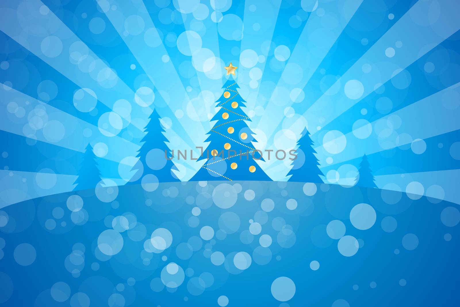 Winter Christmas trees with rays in blue color