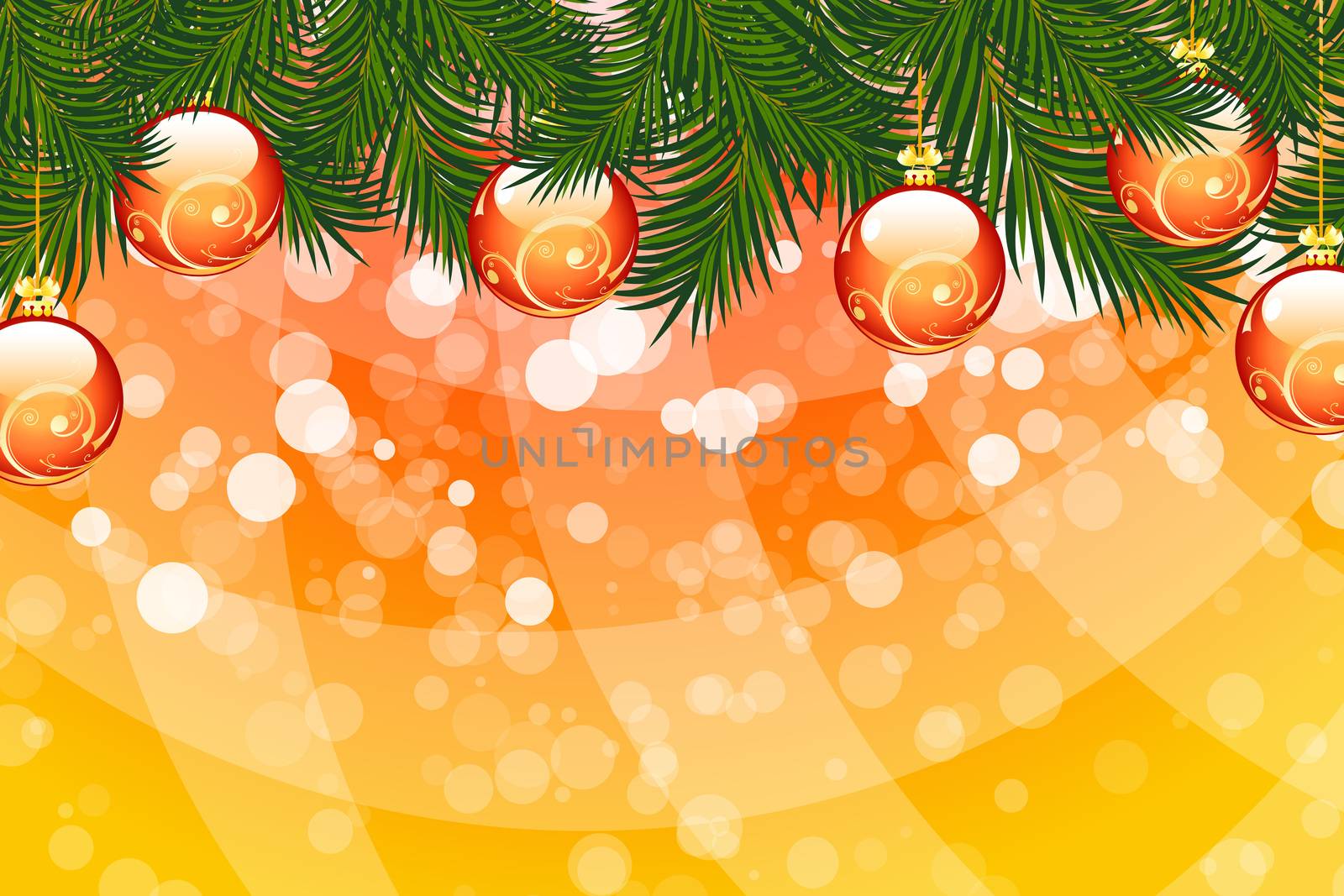Illustration of christmas fir tree with baubles and sparkles on abstract background