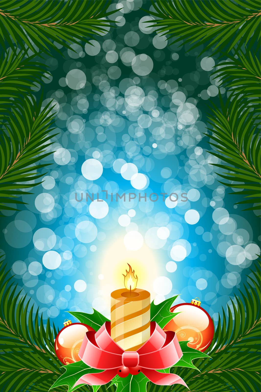 Winter Christmas card with balls and candle in blue color
