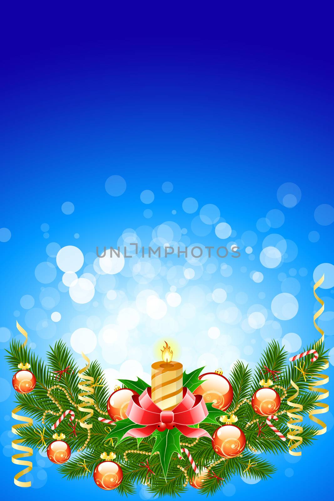 Illustration of christmas fir tree with candle and decoration on abstract blue background