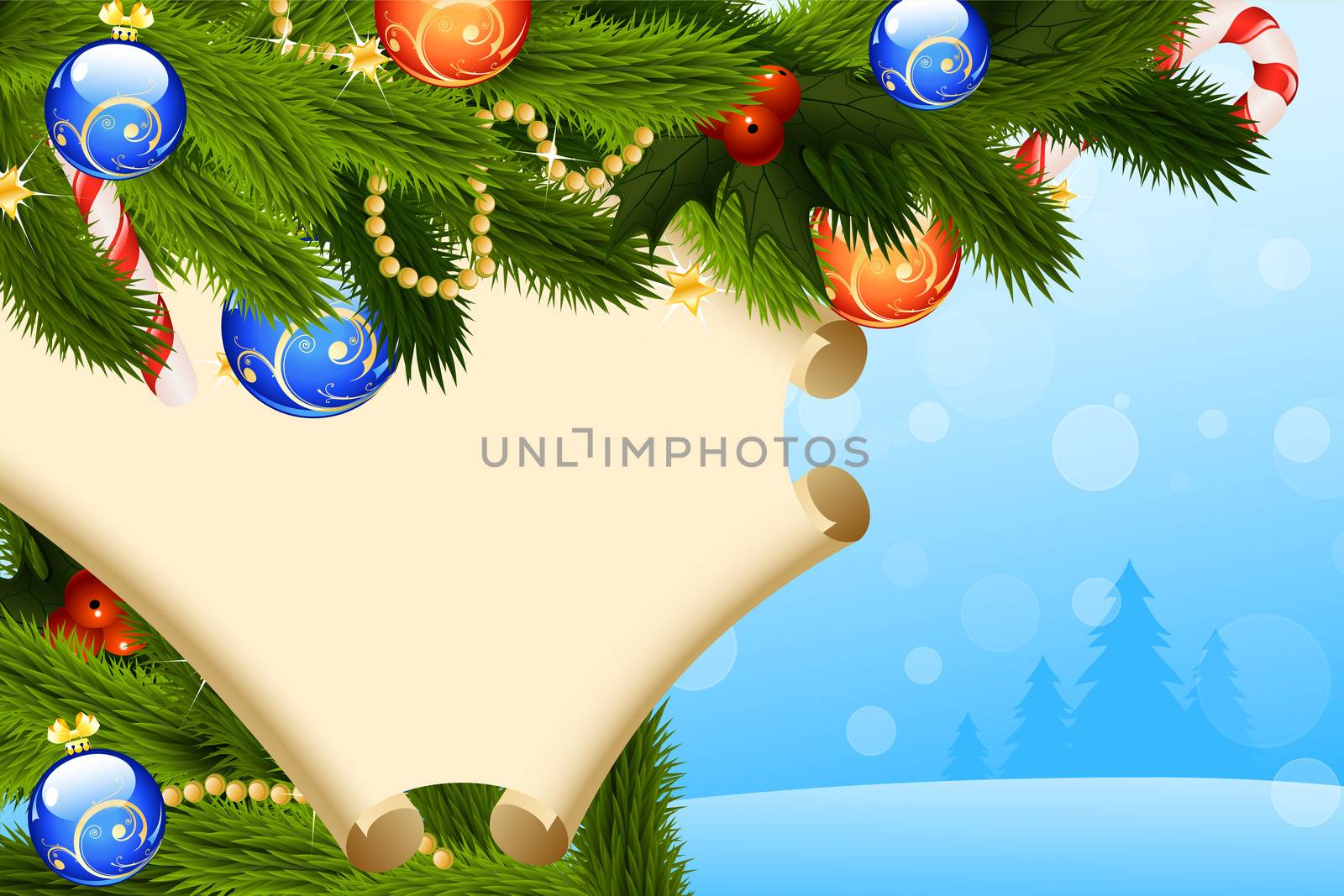 Christmas Card with fir-tree scroll and decoration for your design