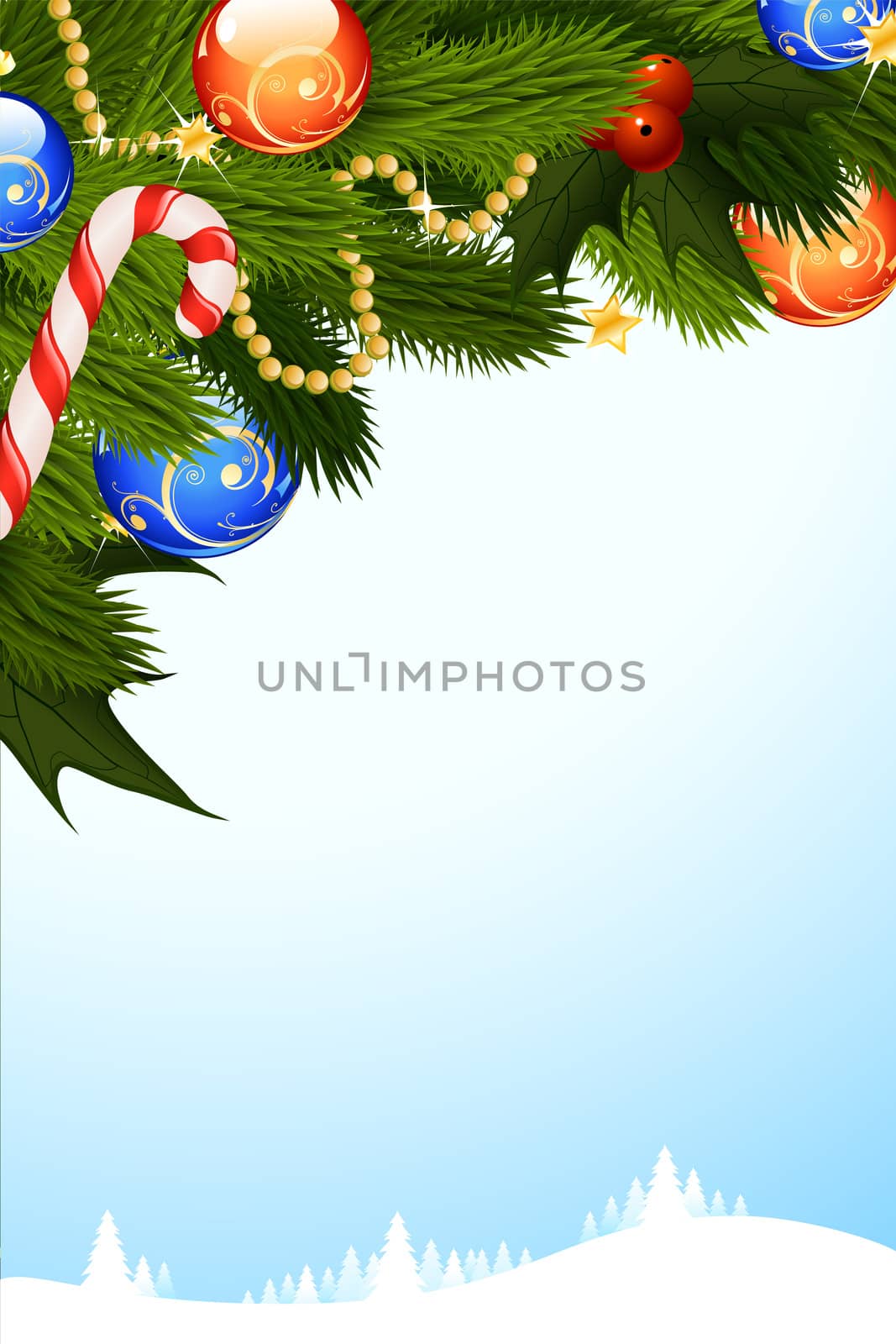 Christmas Card with fir-tree mistletoe and decoration for your design