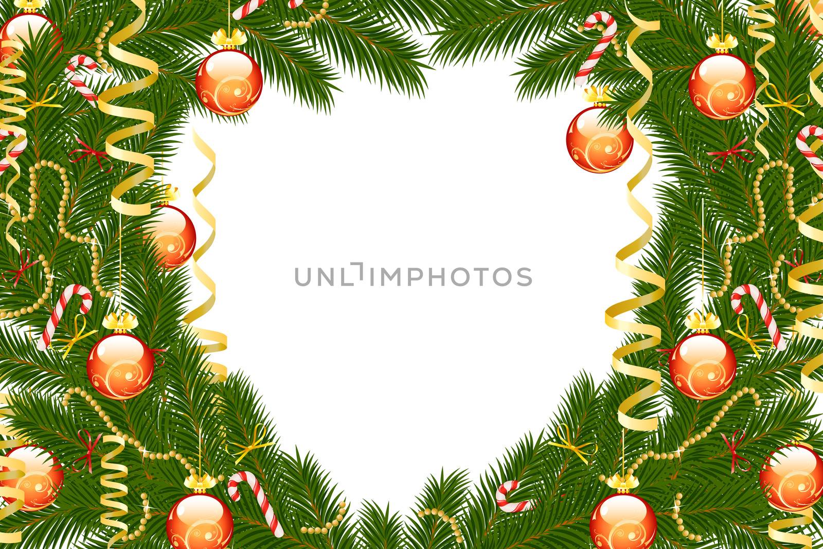 Winter Christmas frame with balls and decoration on white background