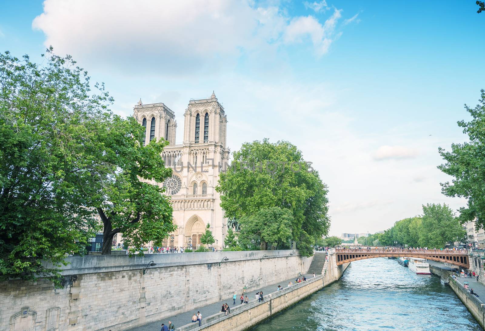 Notre Dame cathedral in Paris on a beautiful summer day.