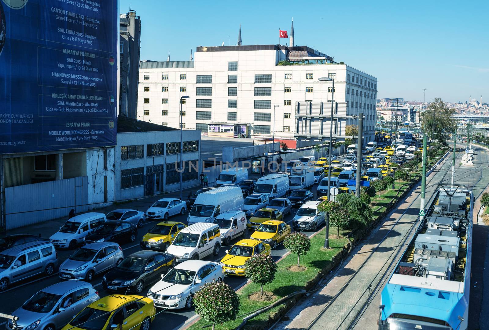 ISTANBUL - SEPTEMBER 17, 2014: Heavy traffic in the port area. Traffic is a major issue in the huge city of Istanbul.