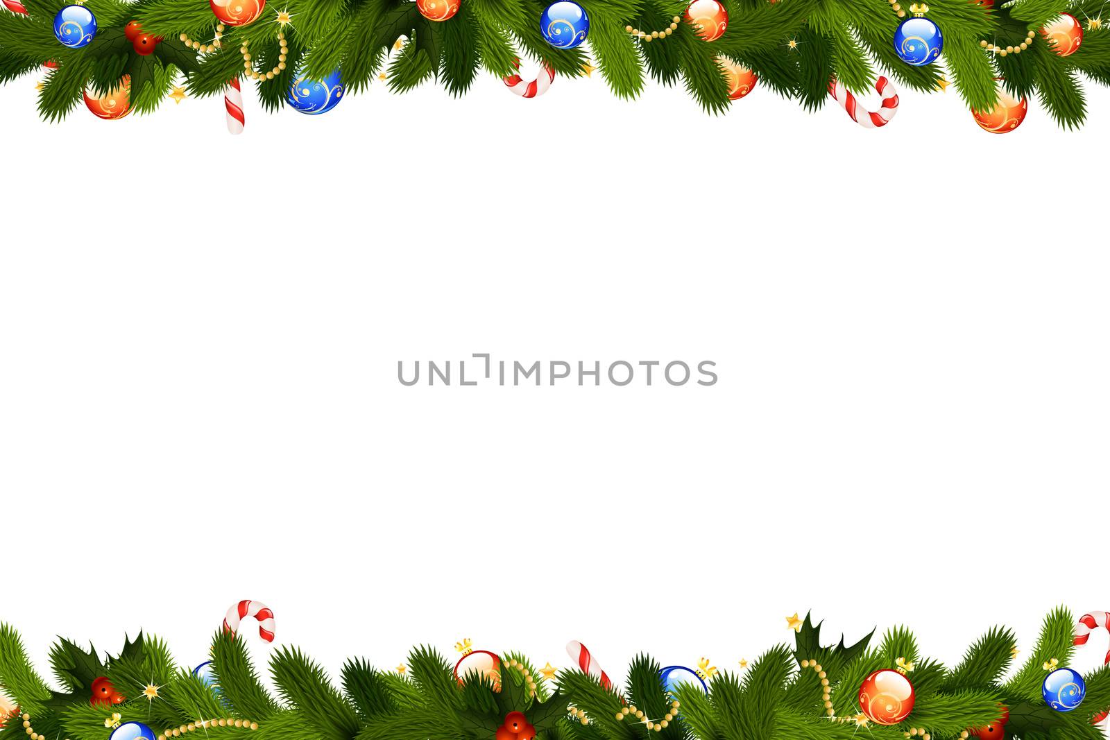 Christmas frame with fir-tree decoration and mistletoe isolated on white backgrond