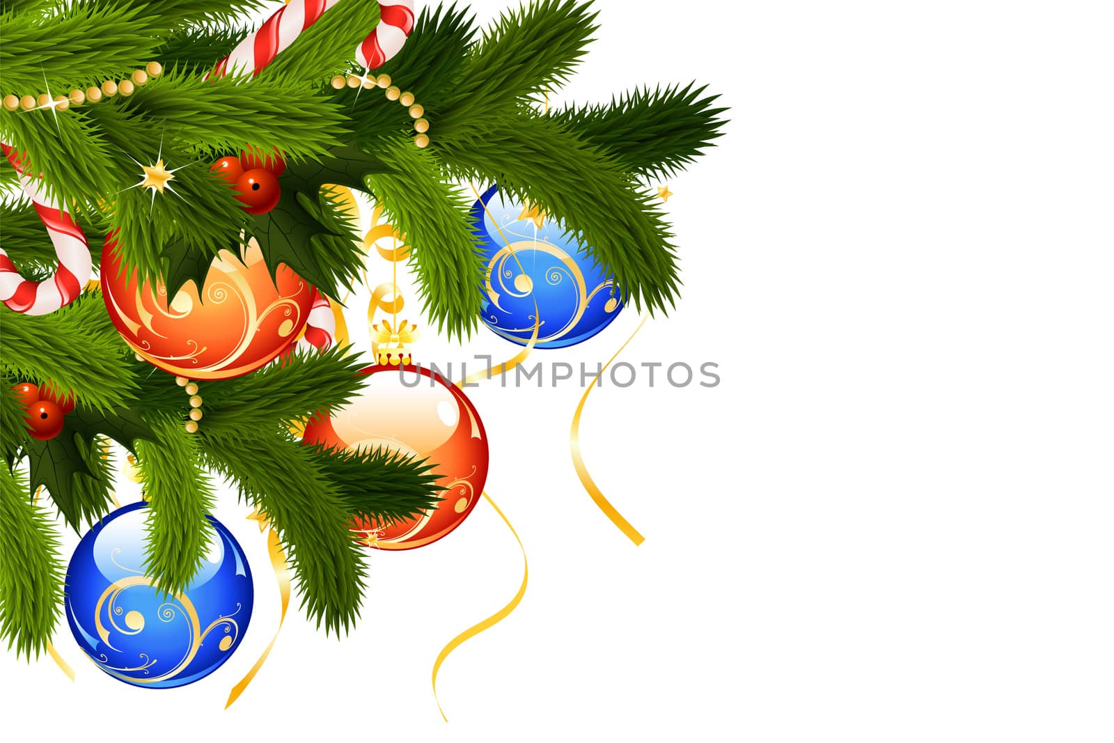 Christmas Card with fir-tree and decoration isolated on white