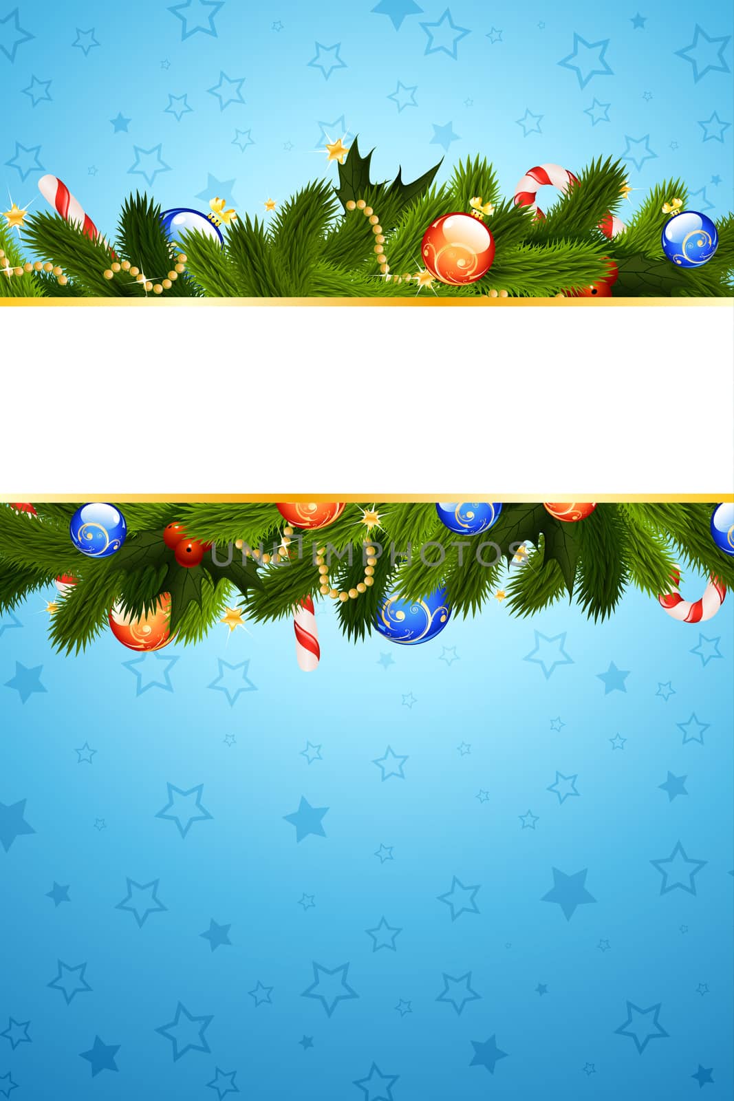 Christmas Card Template with fir-tree mistletoe decoration and stars