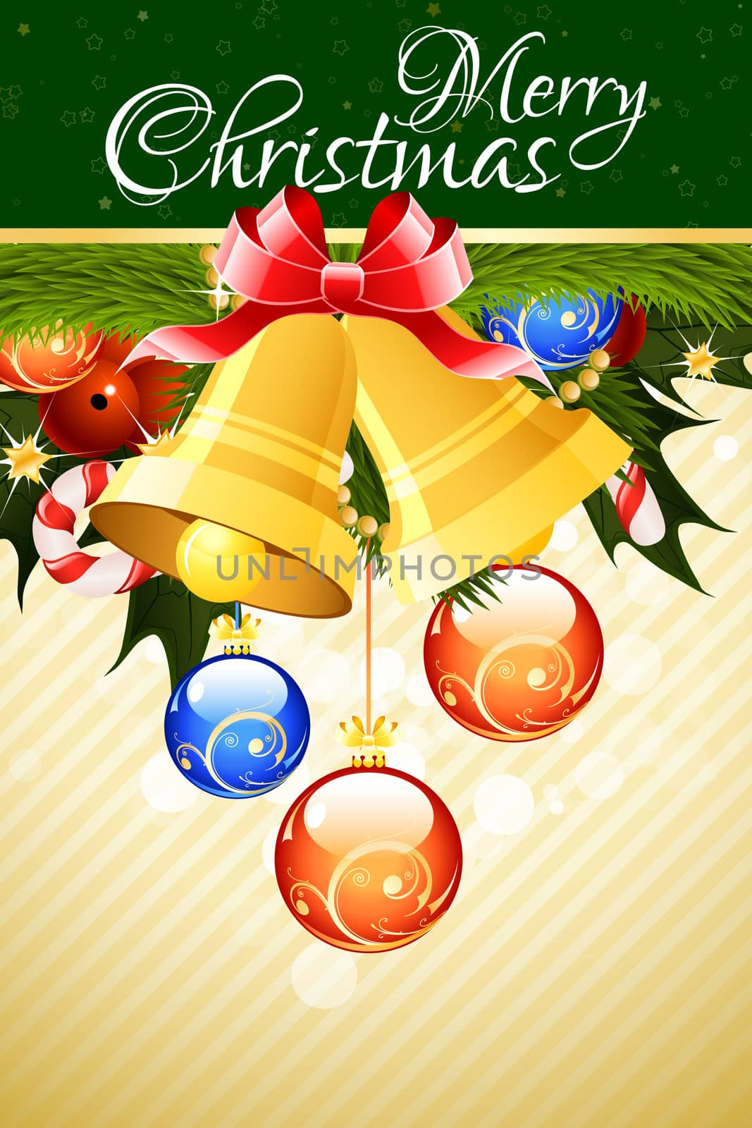 Merry Christmas Greeting Card with Bells and Christmas Balls