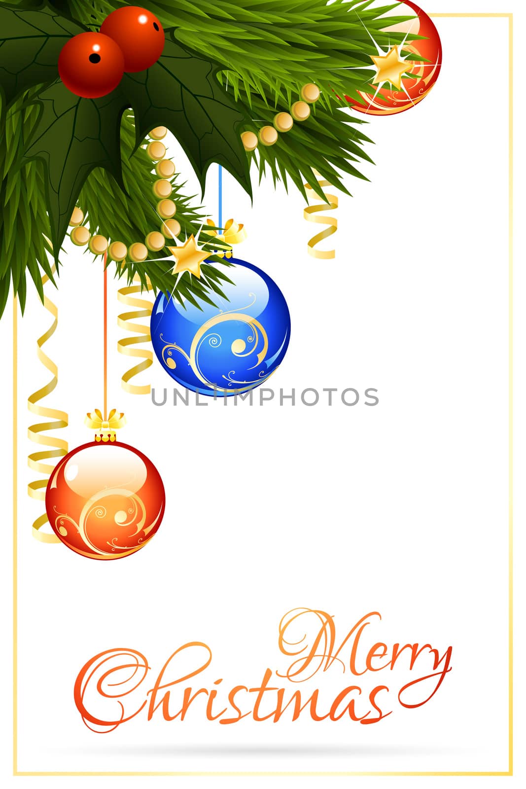 Merry Christmas Greeting Card with Mistletoe, Fir Tree and Christmas Balls