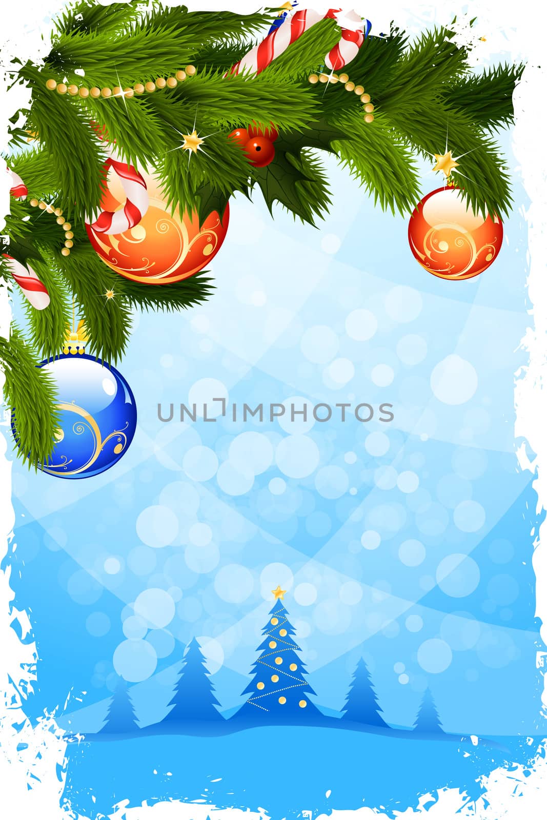 Grungy Christmas Card with Fir Tree and Decoration