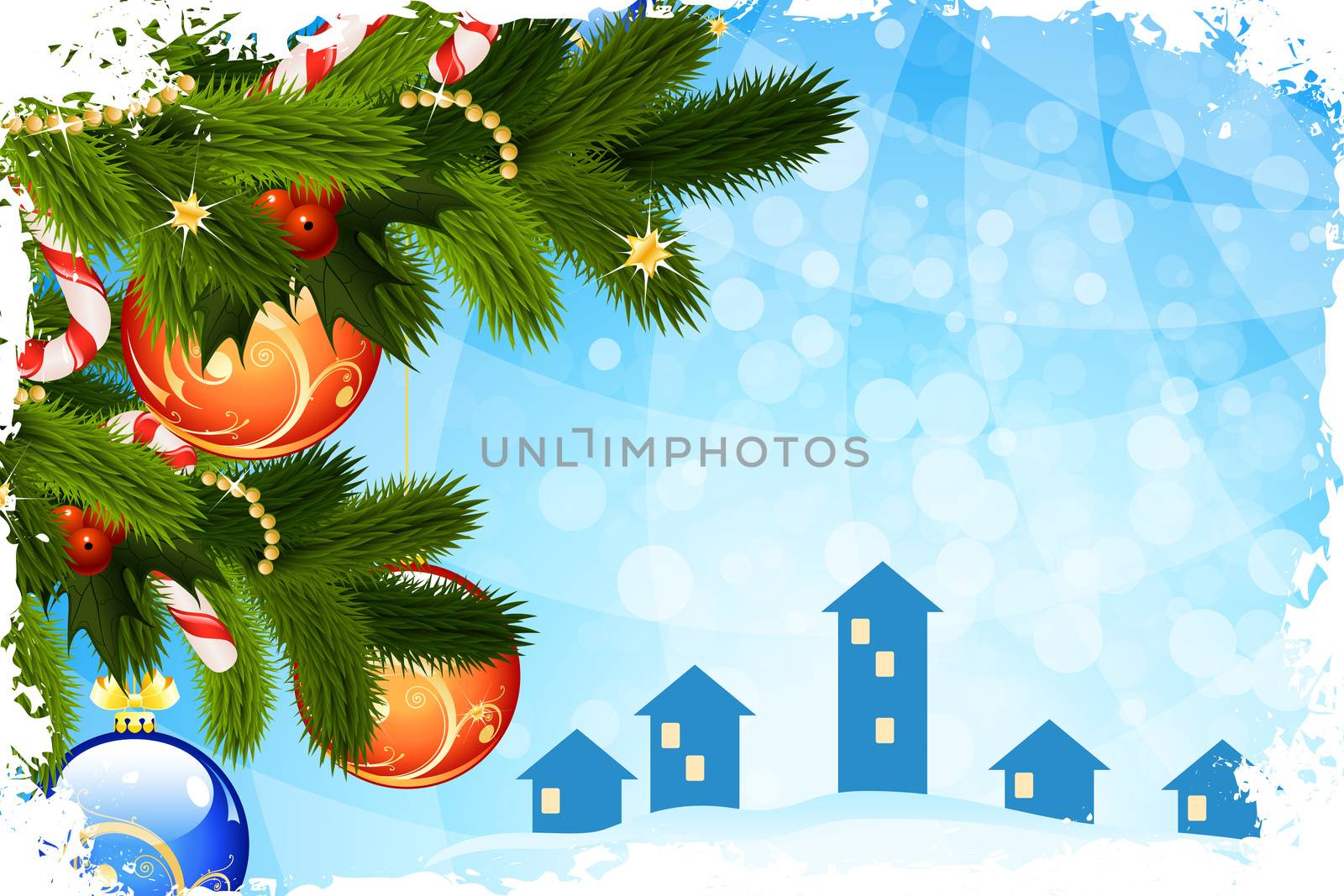 Vector Abstract Christmas Card Template with Houses and Decorations