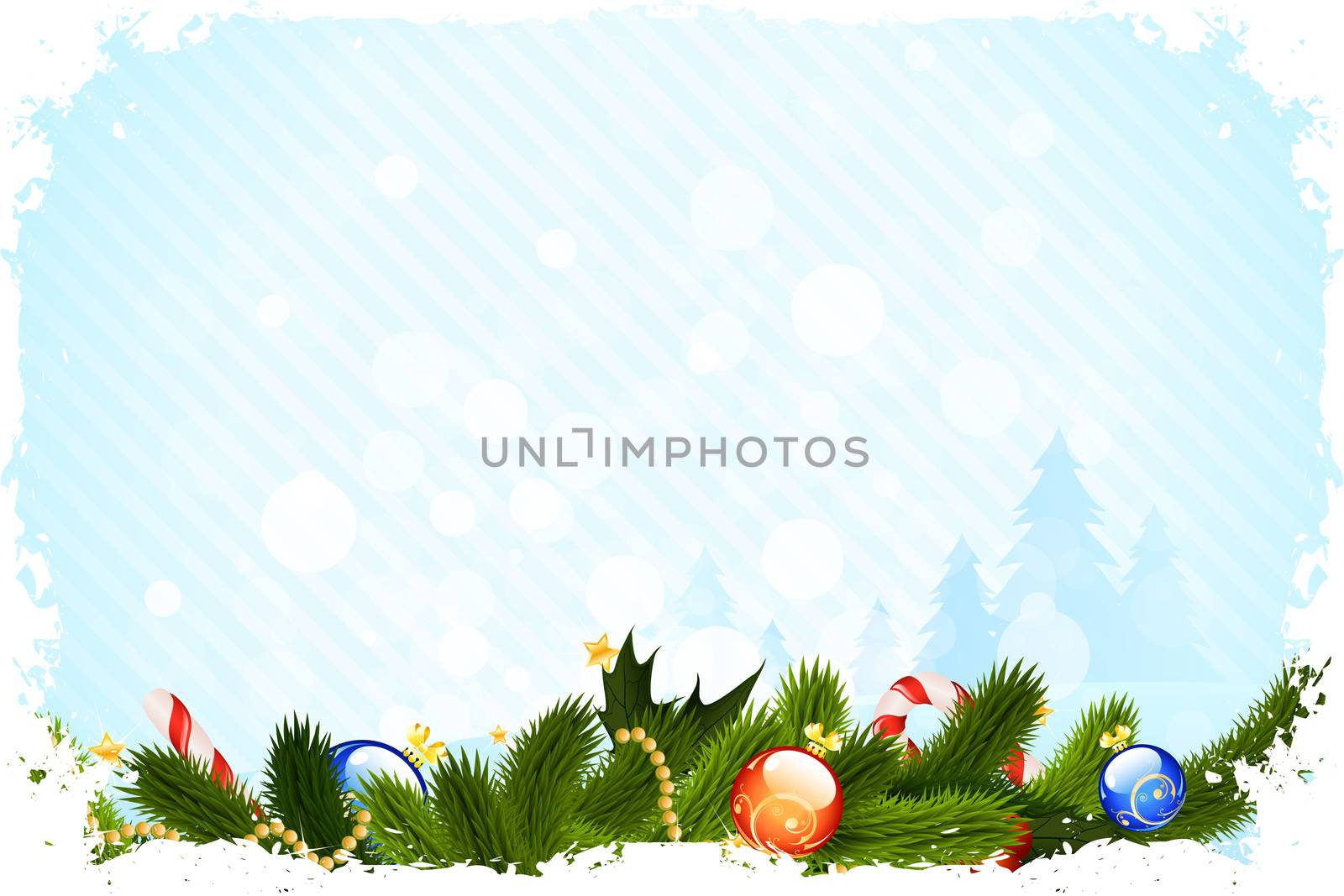Grungy Christmas Card with Christmas Trees and Decorations