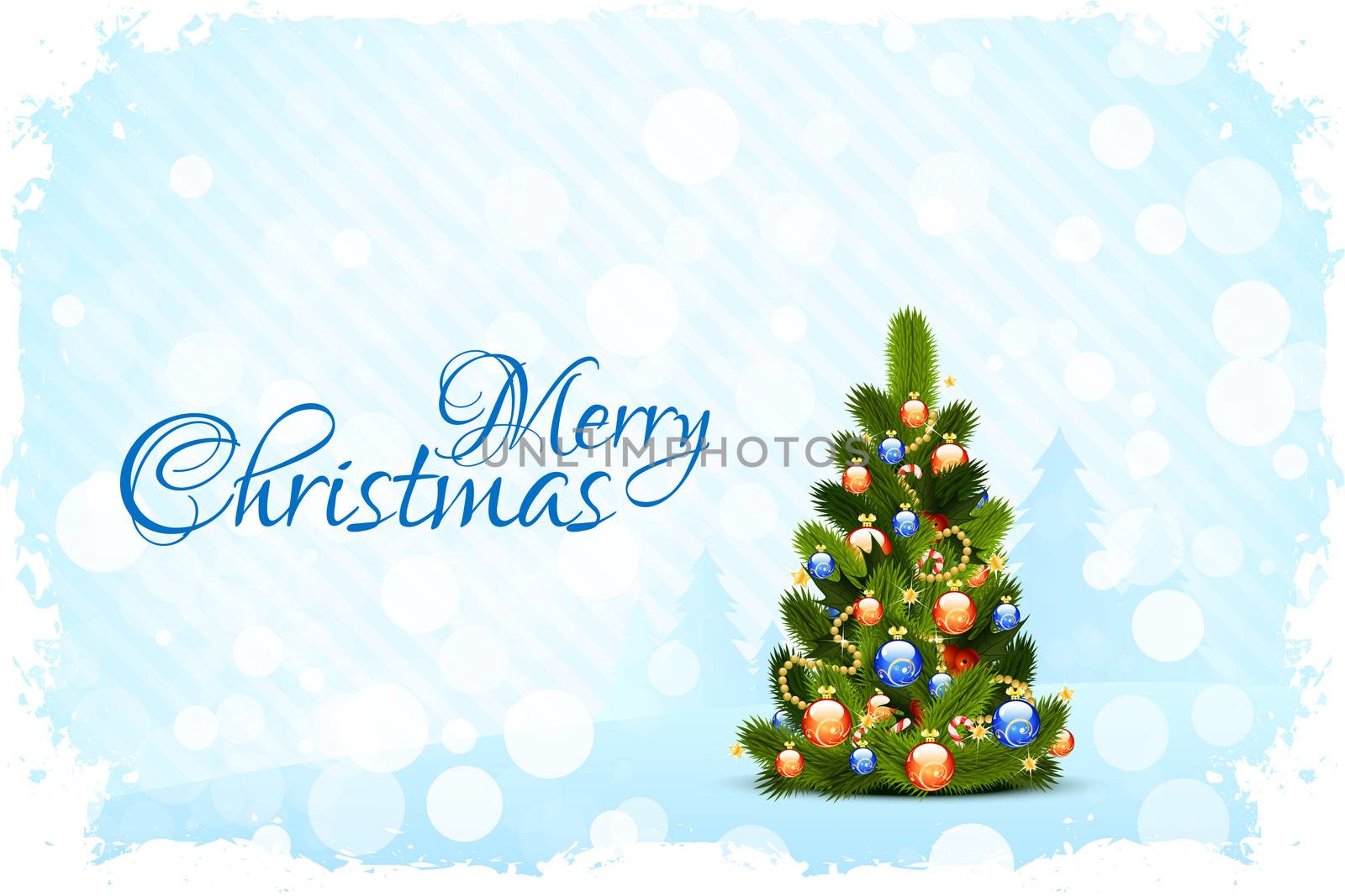 Grungy Christmas Card with Christmas Tree and Decorations