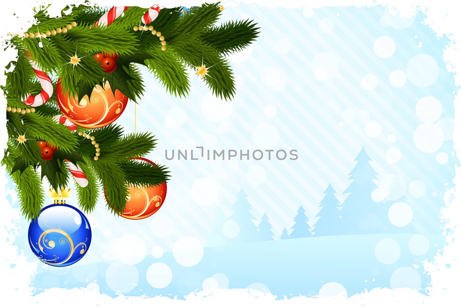 Grungy Christmas Card with Christmas Tree and Decorations