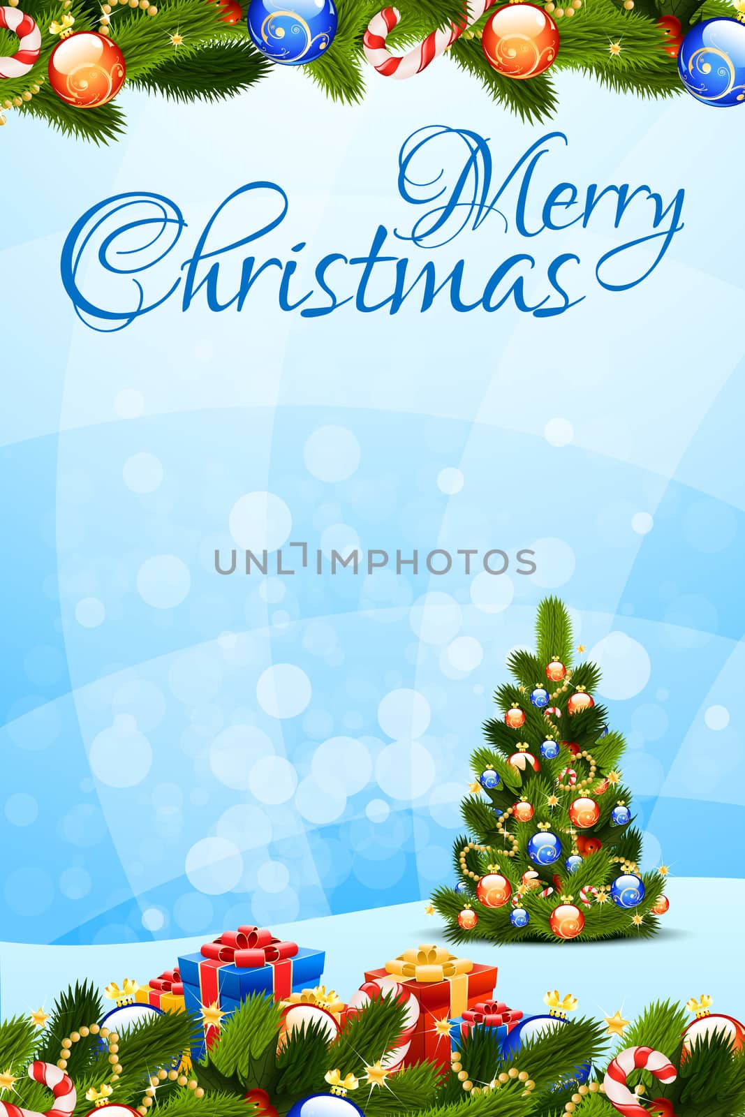 Merry Christmas Greeting Card with Christmas Tree and Decorations