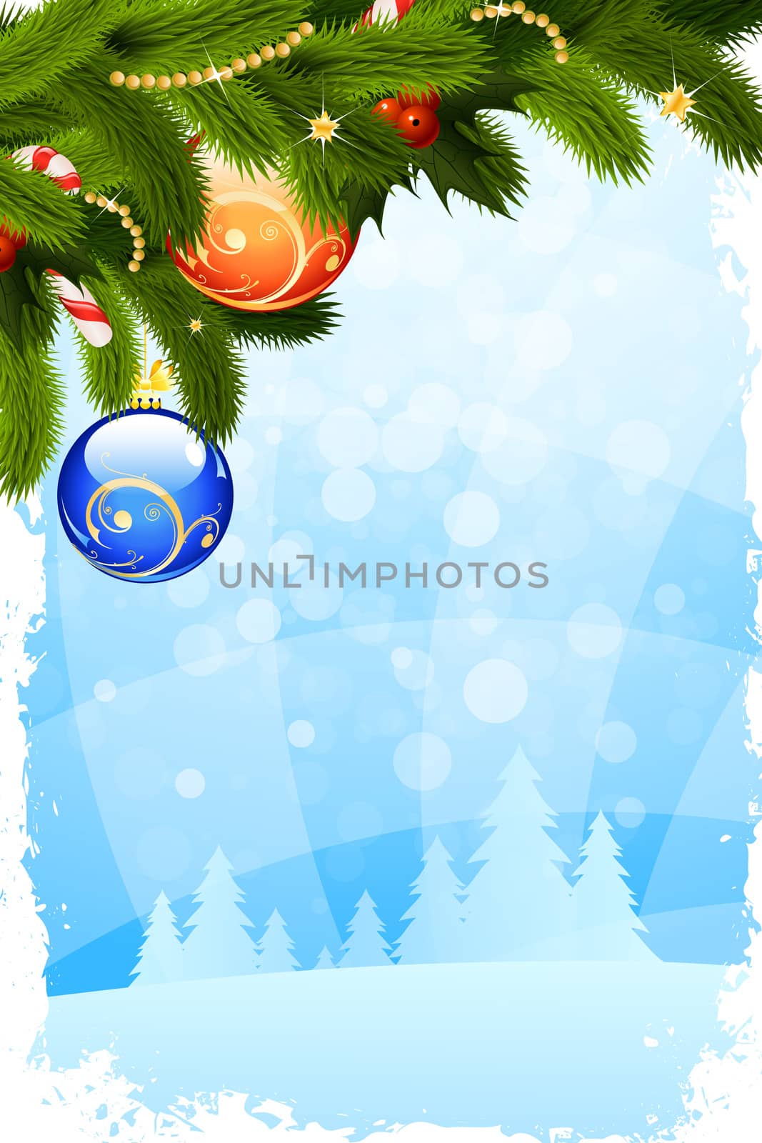 Grungy Christmas Card with Christmas Tree and Decorations