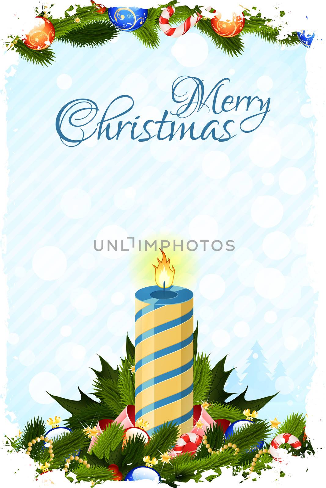 Grungy Christmas Card with Candle Fir Trees and Decoration
