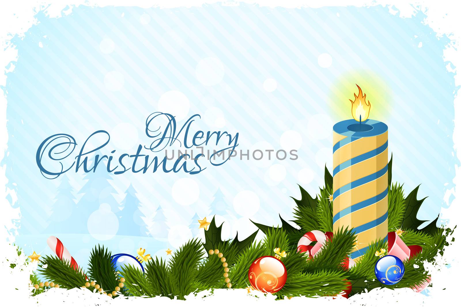 Grungy Christmas Card with Candle Fir Trees and Decoration