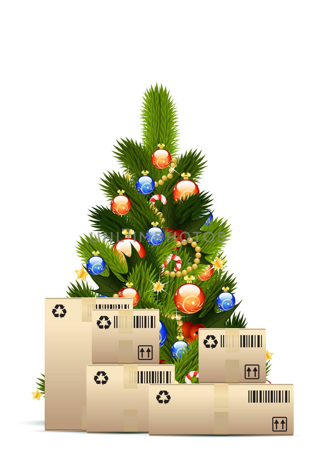 Christmas Tree with  Cardboard Boxes isolated on white