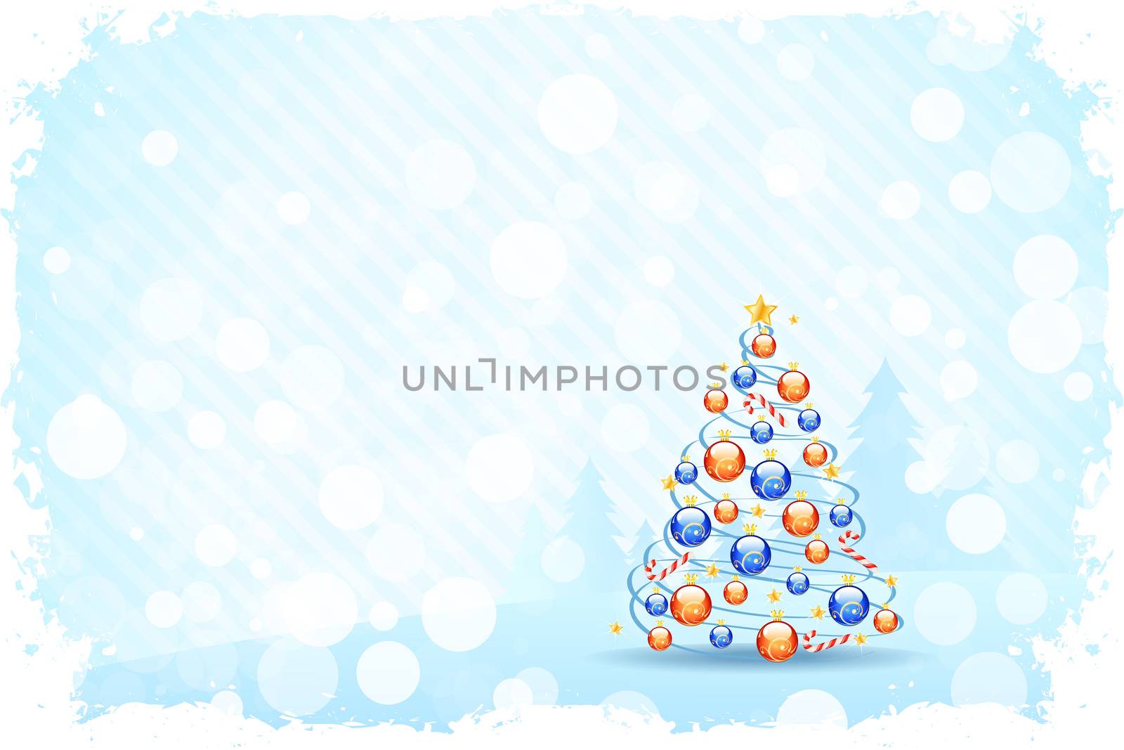 Grungy Christmas Card with Christmas Tree and Decorations