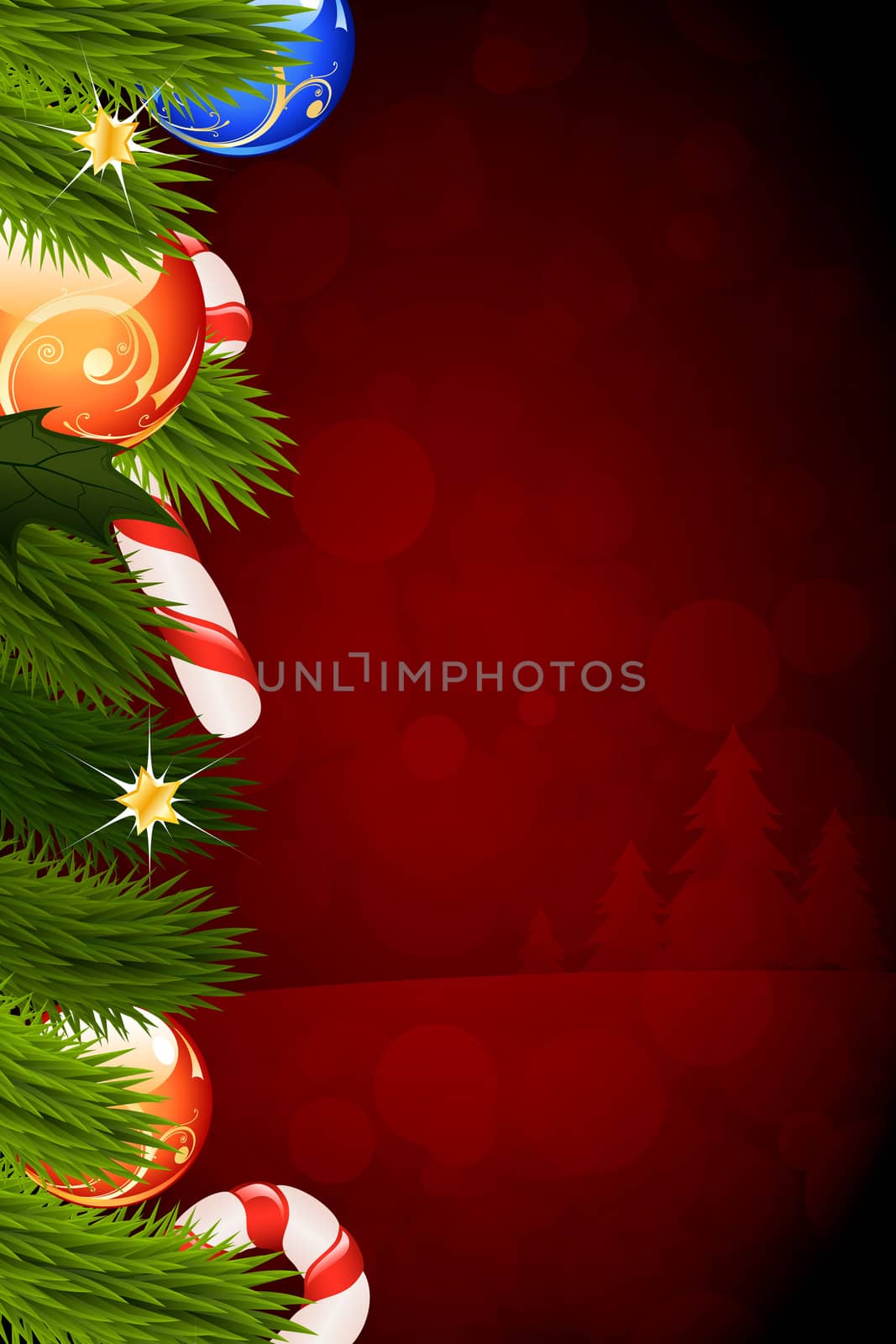 Christmas Card Template with Fir-Trees and Decorations