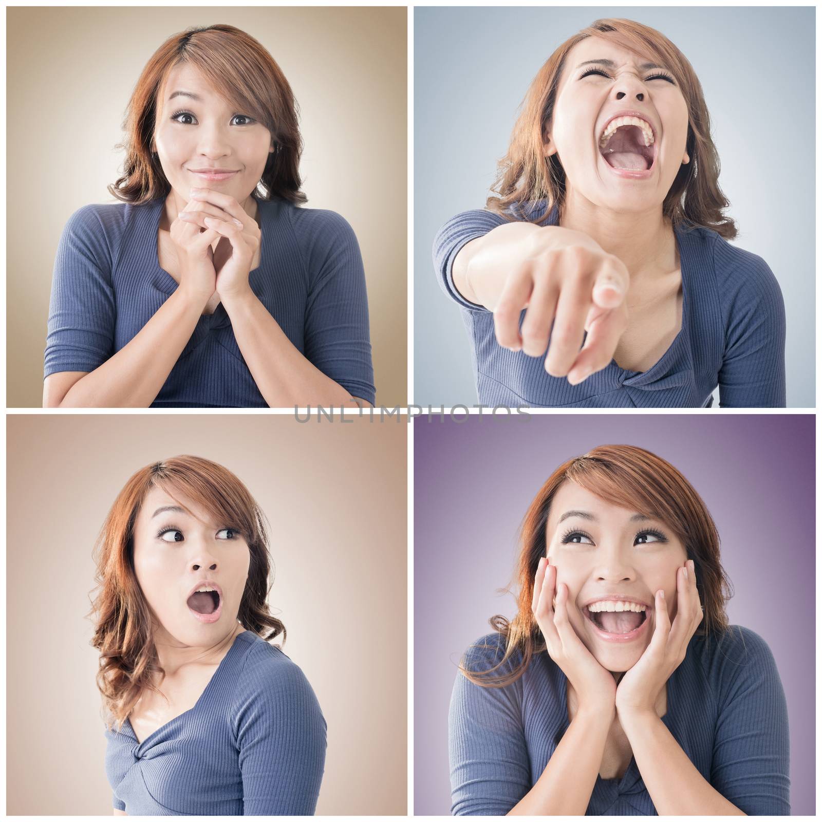 Collection of Asian woman face, closeup portrait.