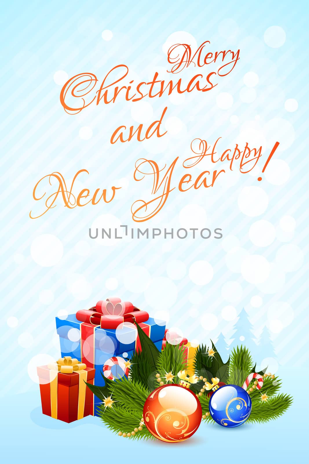 Christmas Greeting Card with Presents and Decorations