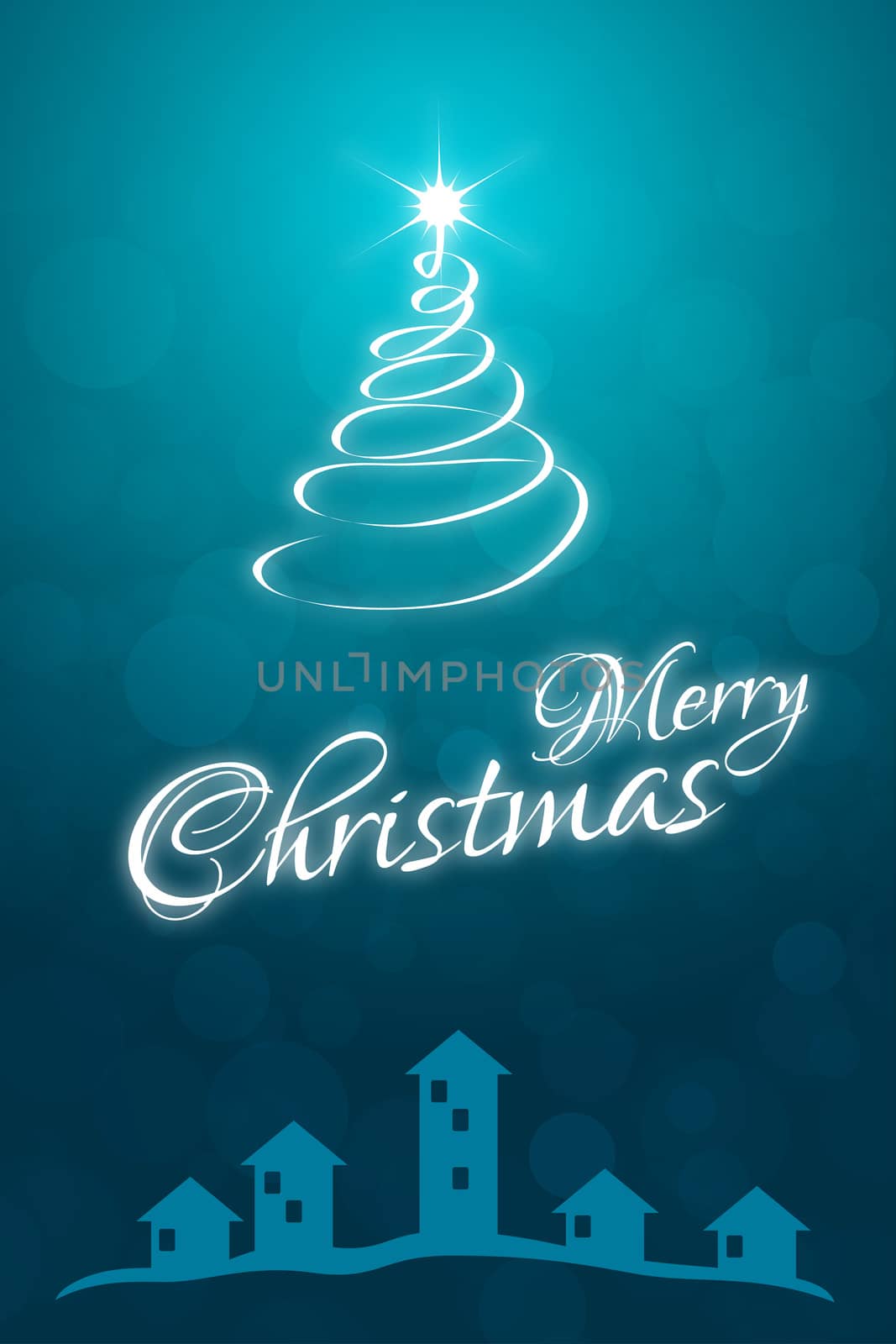 Christmas Card Template with Christmas Tree and Houses