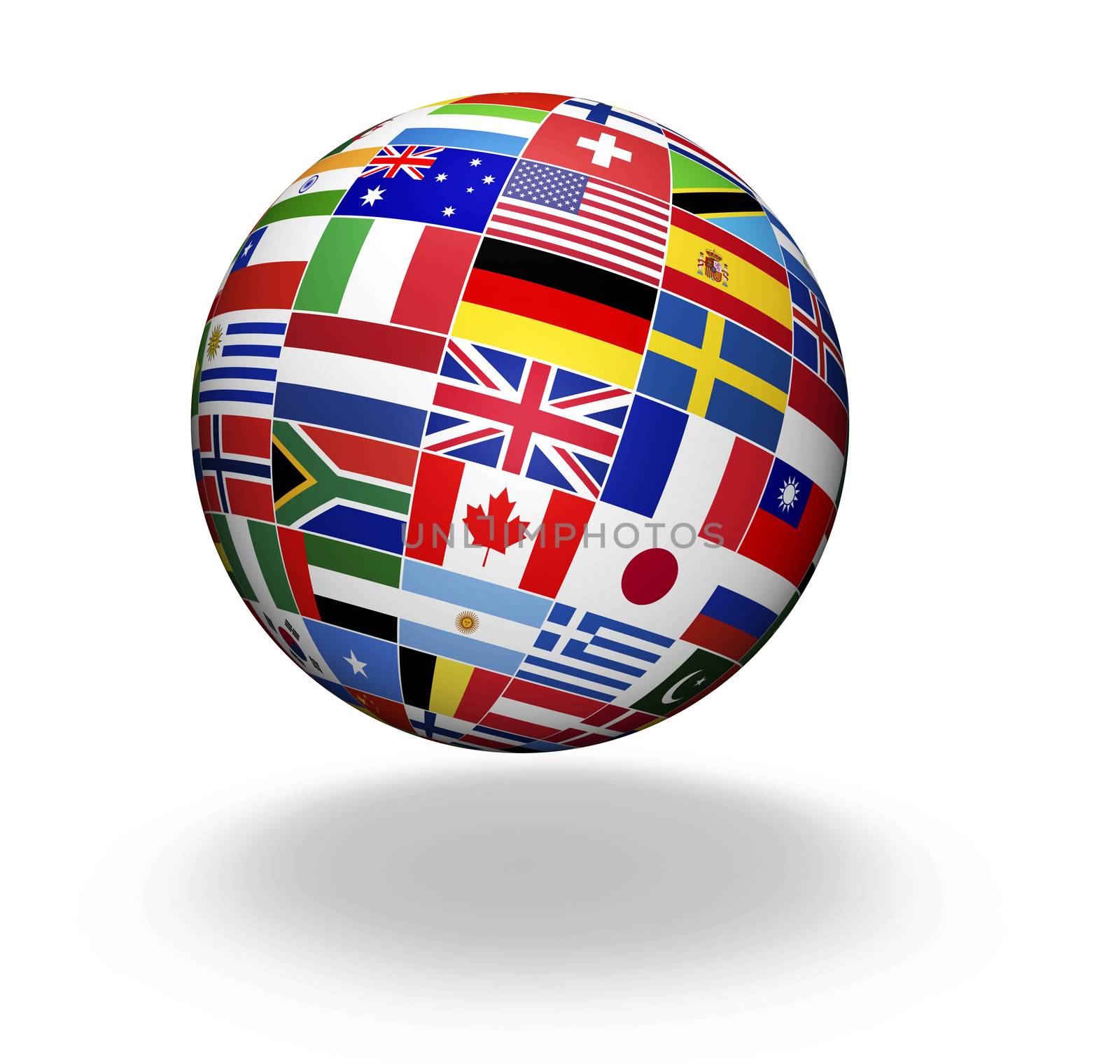 Travel, services, marketing and international business management concept with a globe and international flags of the world, illustration on white background.