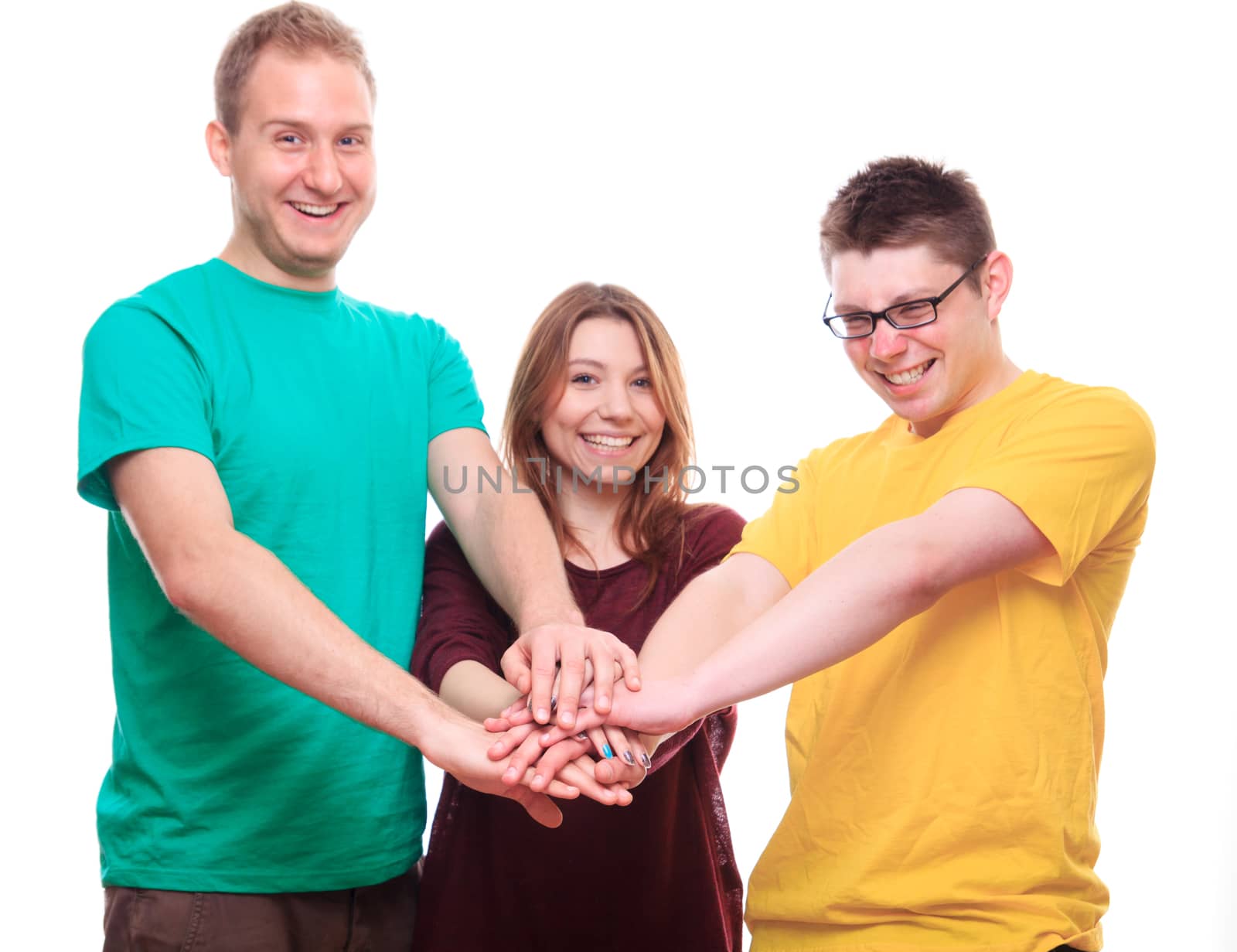 Three People Team Keeps On With Your Hands - studio shoot