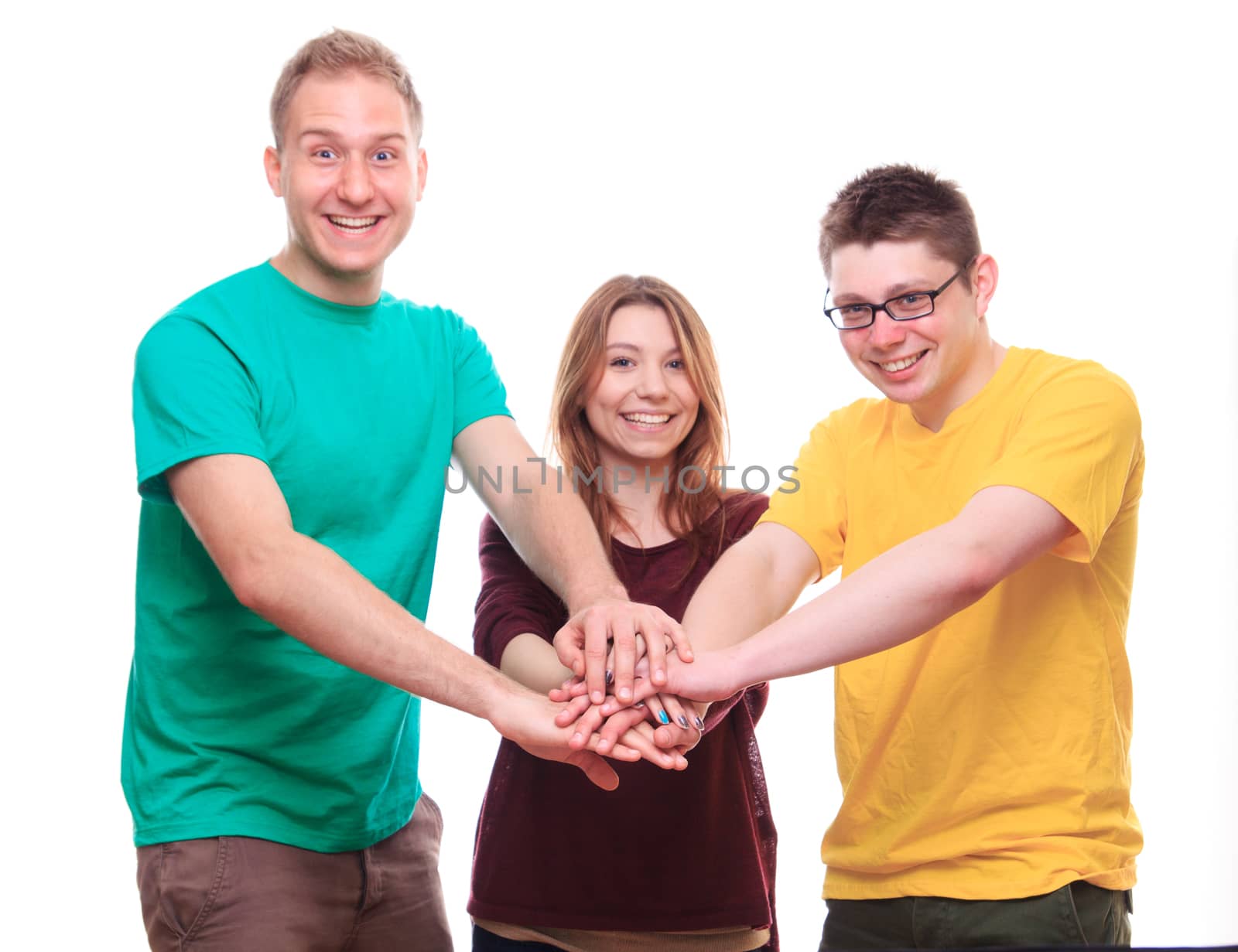 Three People Team Keeps On With Your Hands - studio shoot