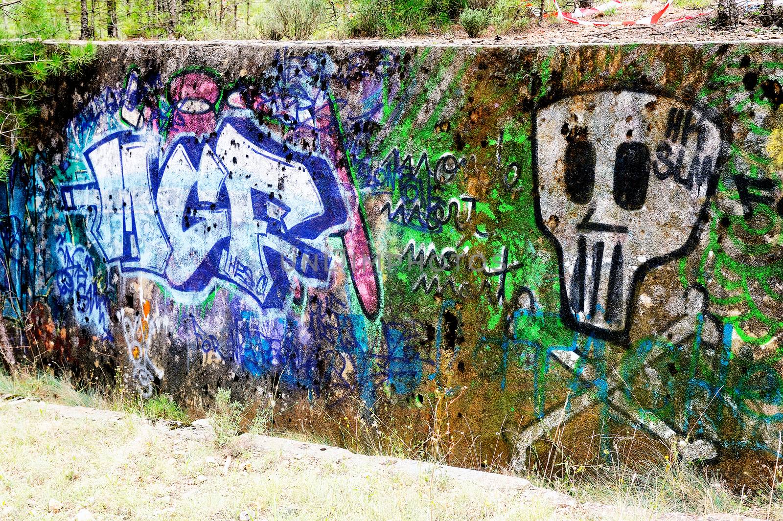 Colorful tag on the walls of a ruin by gillespaire