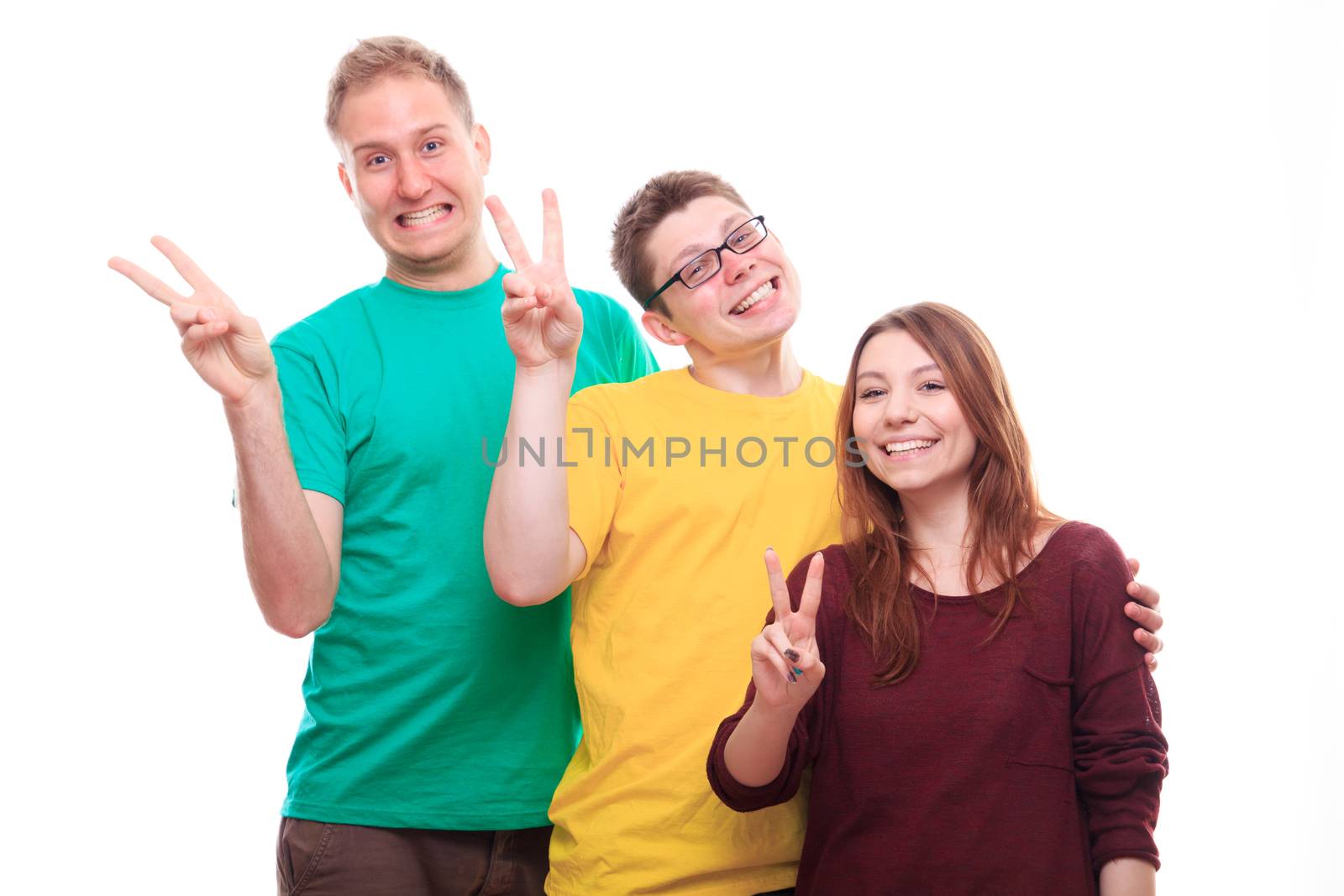 Three people showing victory sign - studio shoot 