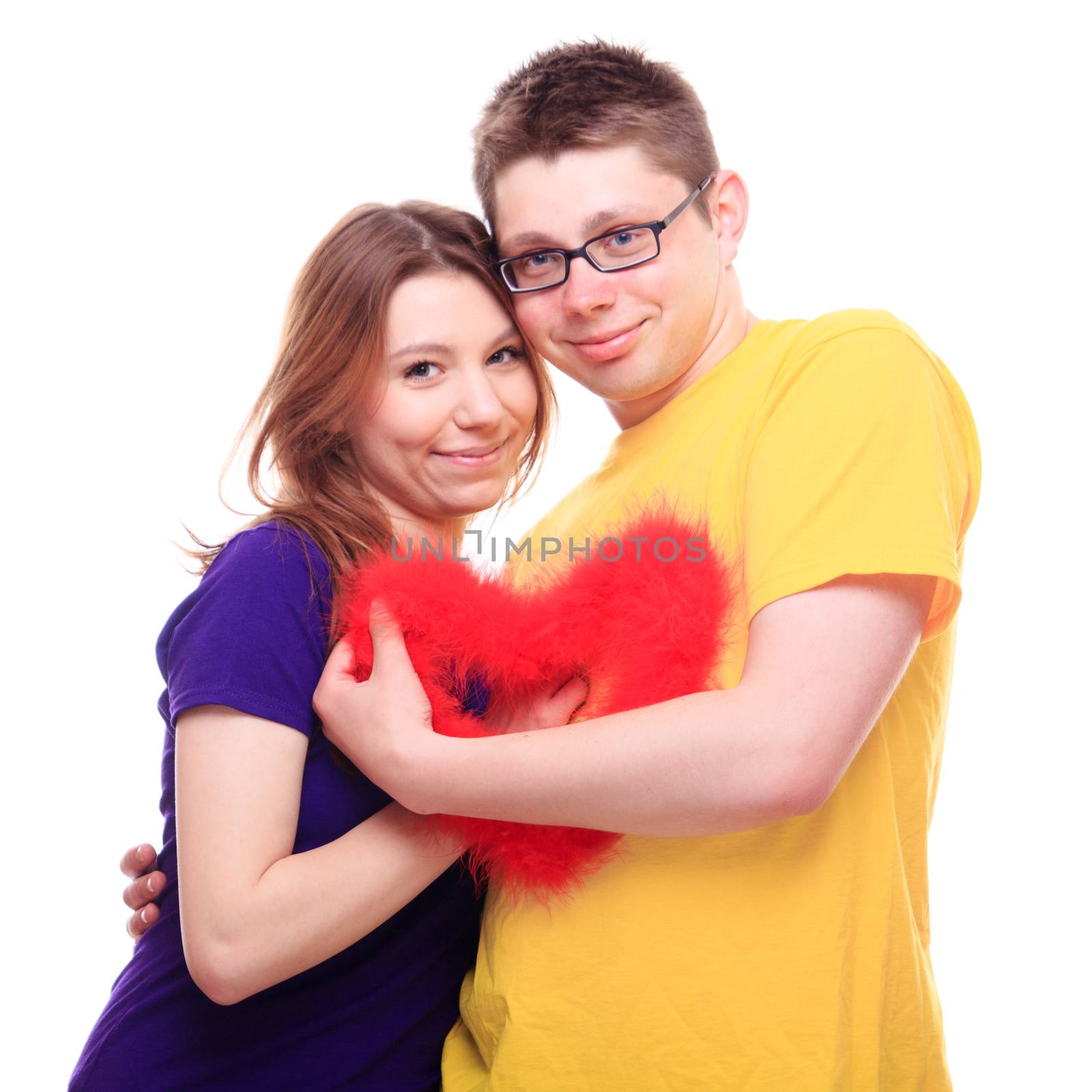 Boy and girl in love holding heart and snuggle by MichalLudwiczak