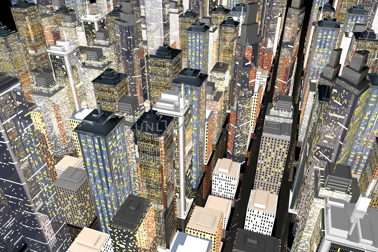 Generic urban architecture and skyscrapers forming a huge city at night. 3D rendered Illustration.