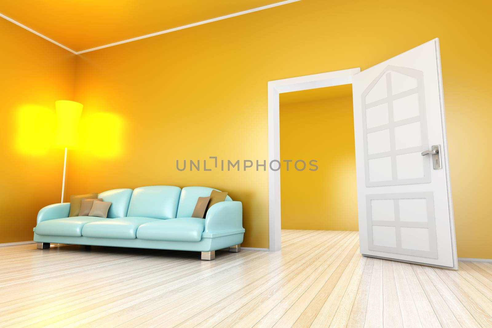 A yellow apartment with a open door. 3D illustration.