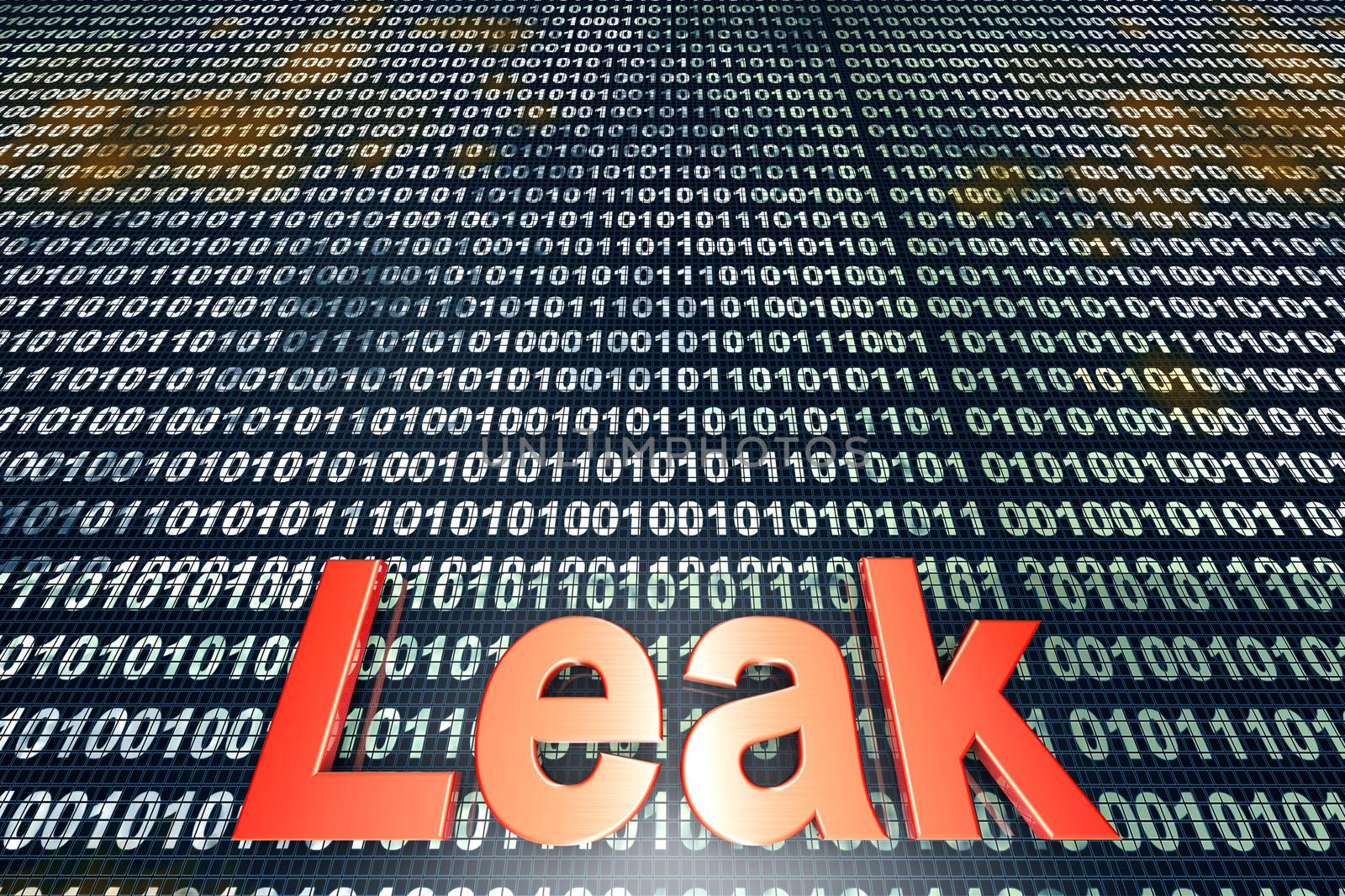 The word leak over a digital, binary background. 3D rendered Illustration.