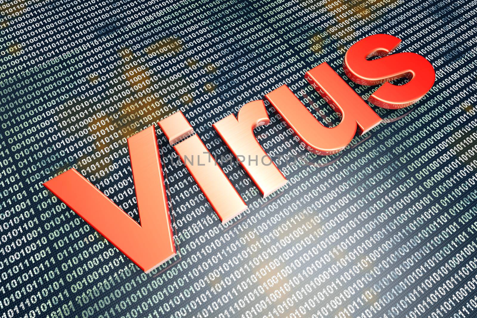 Computer virus in digital code. 3D illustration.