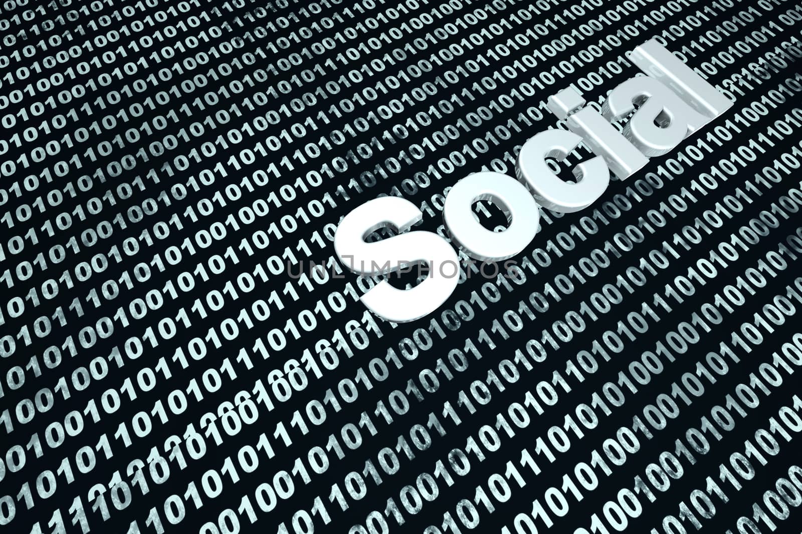 The word social in front of a binary background symbolizing the digital code of software.
