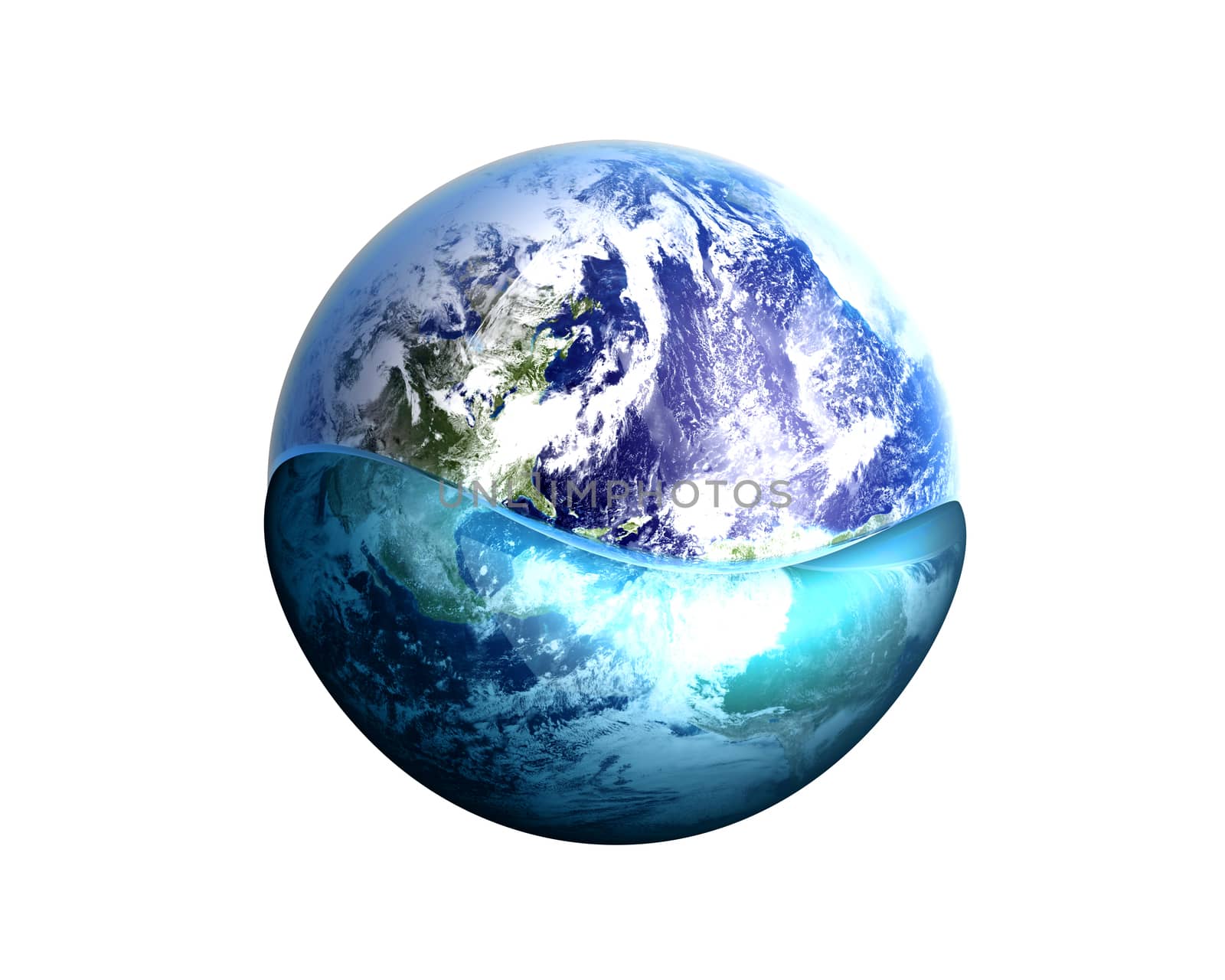 A globe swimming in water. 3D rendered illustration.