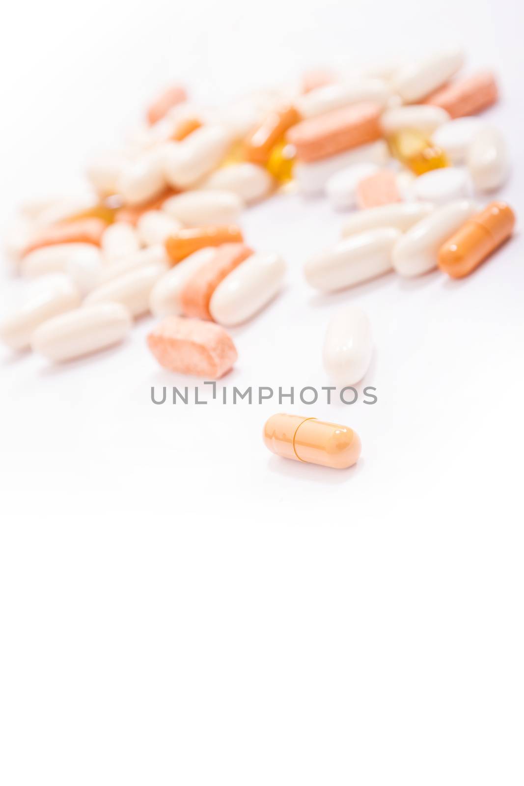 Various pharmaceutical pills and capsules.