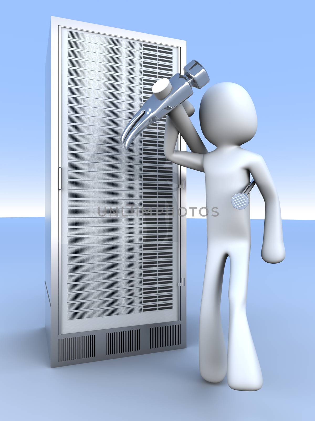 Repairing a Server tower. 3d rendered Illustration.