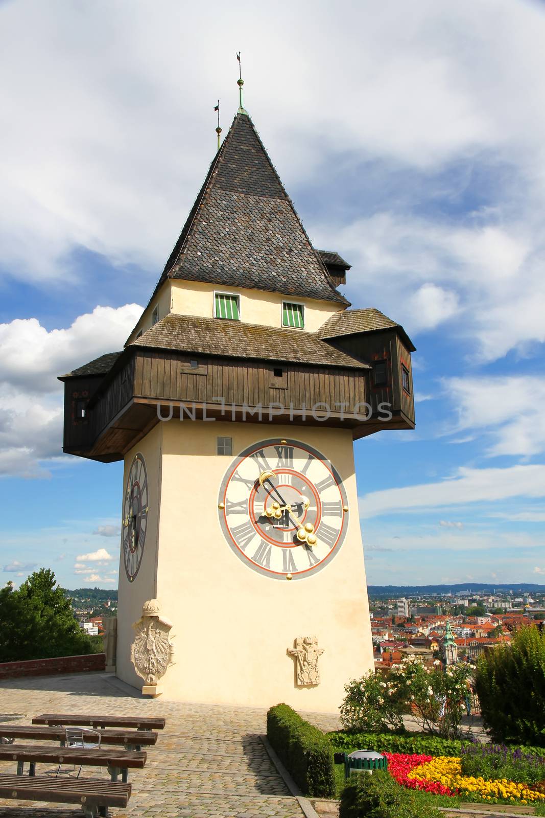 The clock tower (Uhrturm) in Grace (Graz), Styria, Austria, Europe.