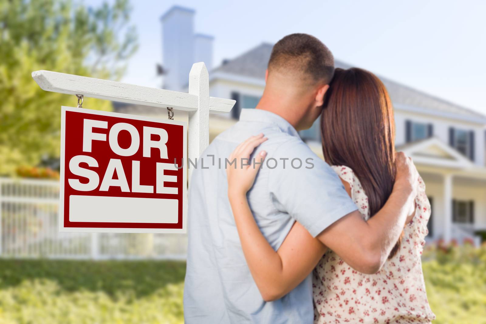 For Sale Real Estate Sign, Military Couple Looking at House by Feverpitched