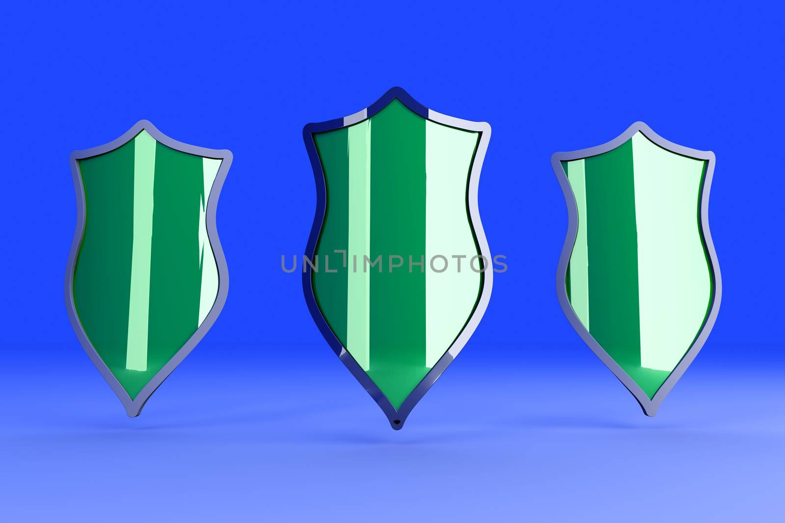 Three Shields for protection. 3D rendered Illustration.