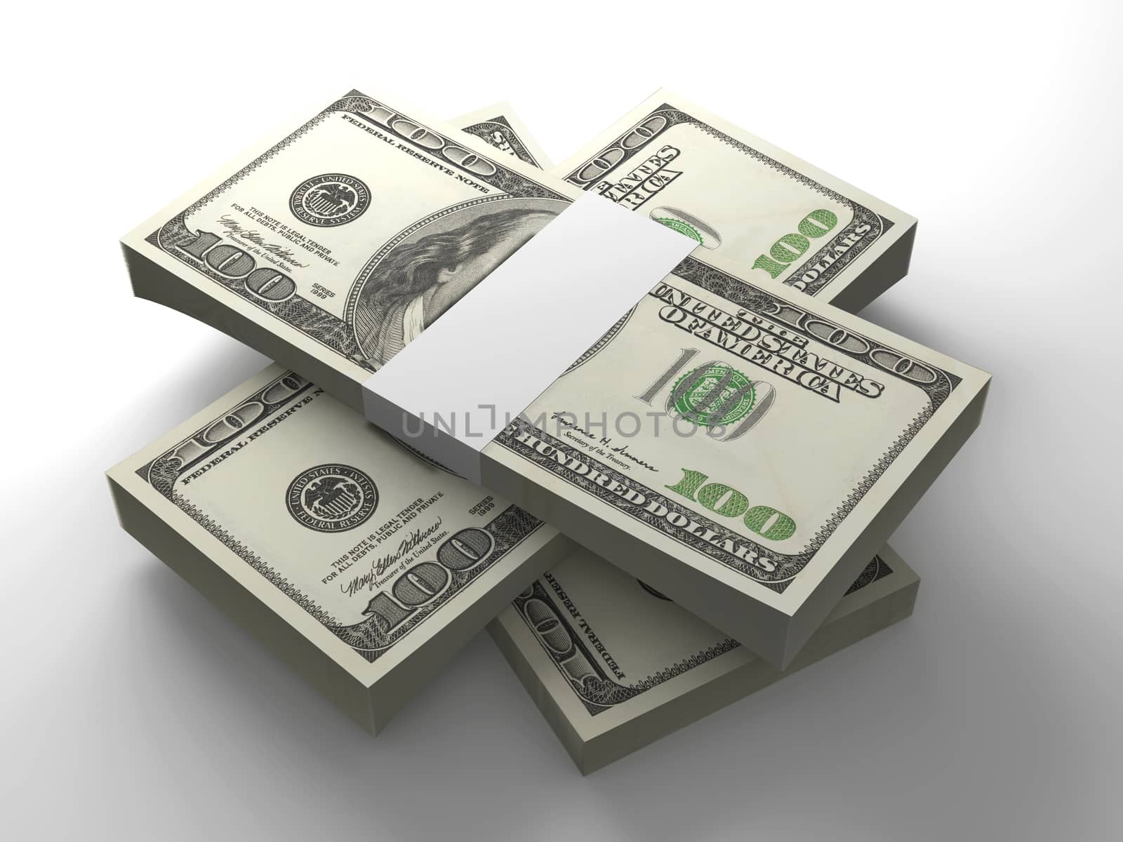 3D rendered Illustration. Stacks of 100 Dollar Bills. 
