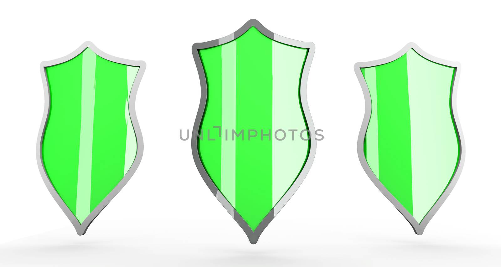 Three Shields for protection. 3D rendered Illustration. Isolated on white.